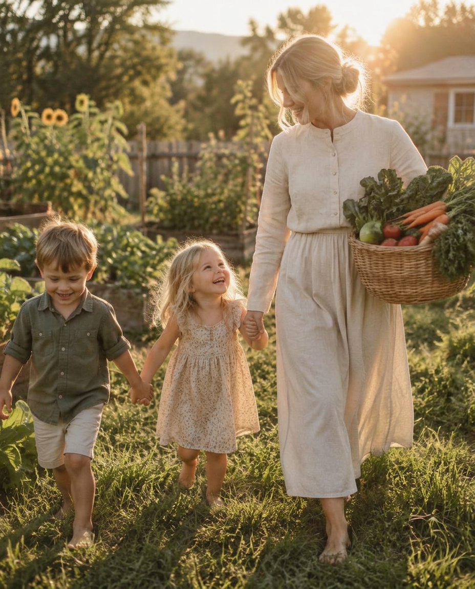 Mom walking through a sunny garden with her children, carrying a basket of vegetables