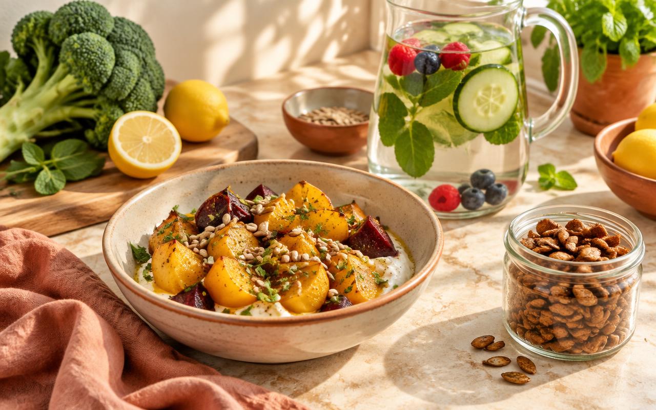 A sunny kitchen counter with roasted beets, a jar of pumpkin seeds and a pitcher of berry water